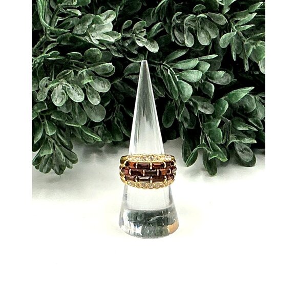 Vintage Style Gold-Tone Band Ring With Brown & Clear Rhinestones - Picture 3 of 8